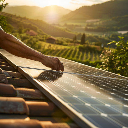 Photovoltaic panels installed on the roof of a vineyardの素材