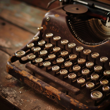 Vintage typewriter on an old wooden table. Close up.の素材