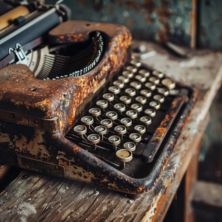 Vintage typewriter on rustic wooden background, selective focus.の素材