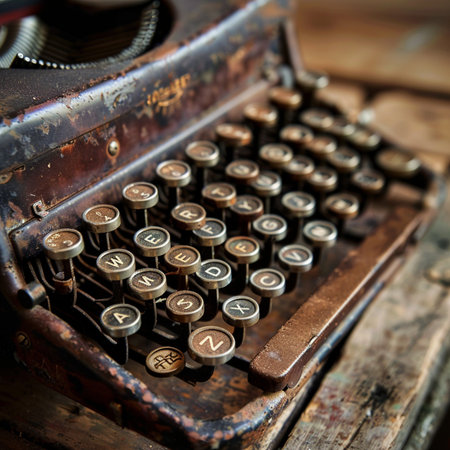 Vintage typewriter on a wooden table. Shallow depth of field.の素材