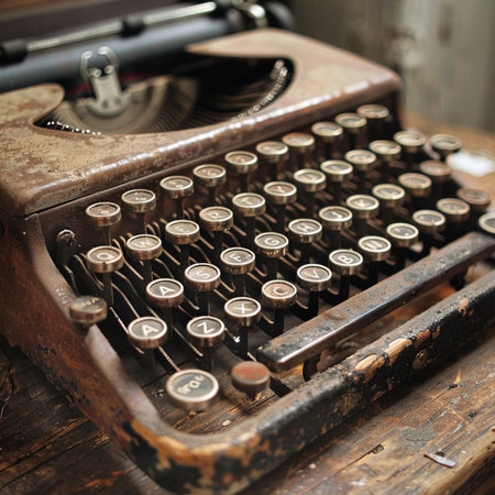 Vintage typewriter on a wooden table, close-up.の素材