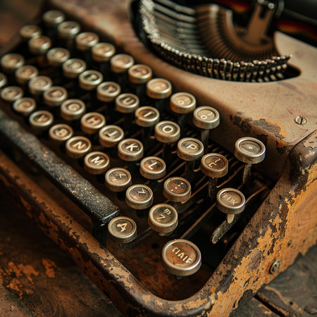 Vintage typewriter on a rustic wooden table, close upの素材