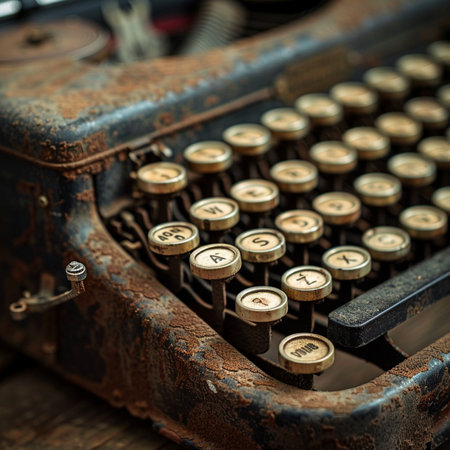 Vintage typewriter on a wooden table, shallow depth of fieldの素材