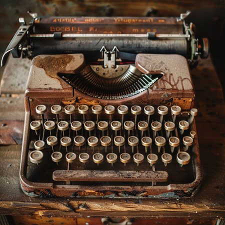 Vintage typewriter with old paper on a wooden background. Retro styles.の素材