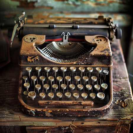 Vintage typewriter on an old wooden table, close-upの素材