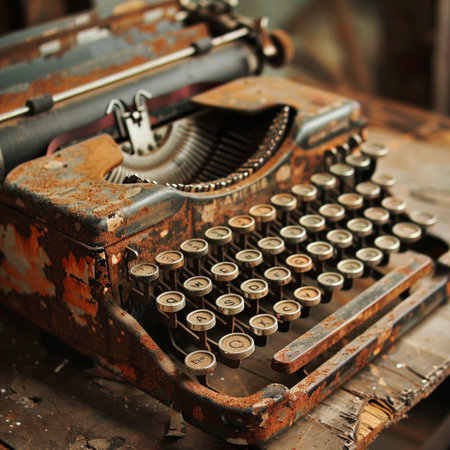 Old typewriter on the background of an abandoned building. Selective focus.の素材