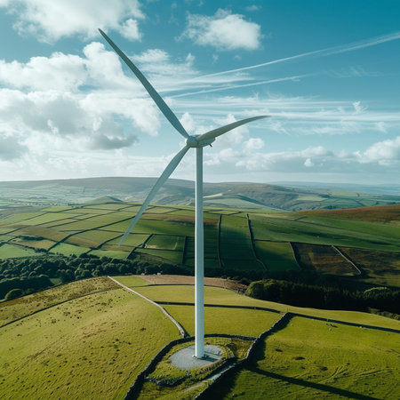 Aerial view of a wind turbine on a green meadow.の素材