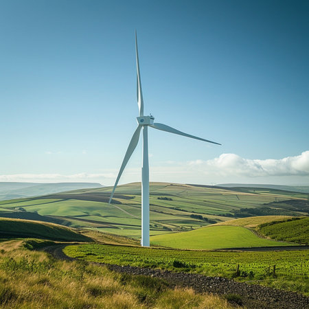 Wind turbines on the hillside, England, UK, under a blue skyの素材