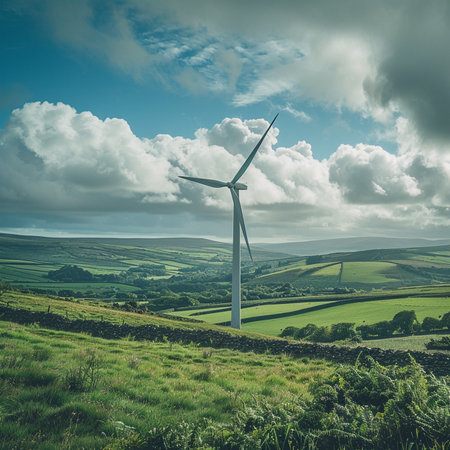 Beautiful landscape image of a wind turbine on a hill in the countrysideの素材