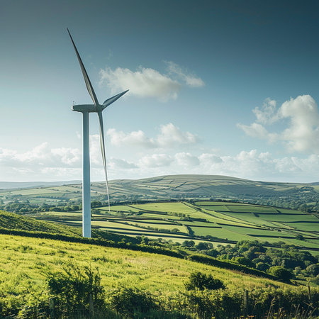 Wind turbines on a hillside in the English countryside under a blue skyの素材
