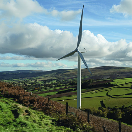 Wind turbines on a hillside in the English countryside. 3d renderの素材