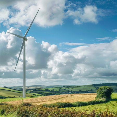 Wind turbines in the countryside with fields and meadows under blue skyの素材