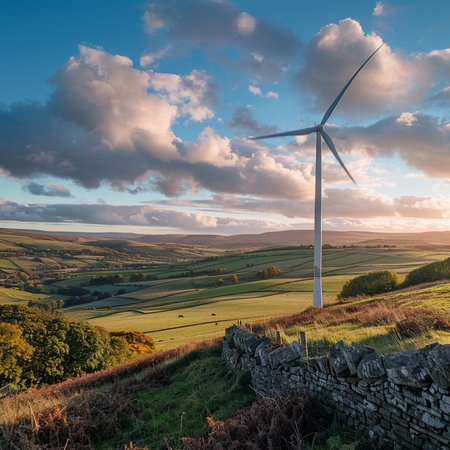 Beautiful landscape image of a wind turbine on the hillside at sunsetの素材