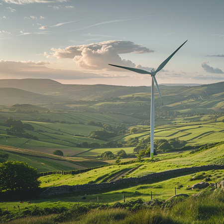 Beautiful landscape with wind turbines on the hillside in the countrysideの素材
