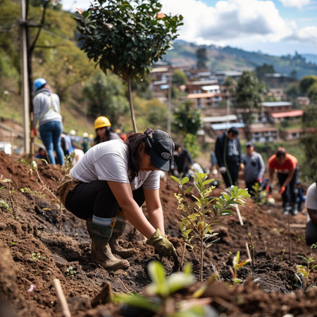 Unidentified Nepali people working with seedlings in the garden.の素材