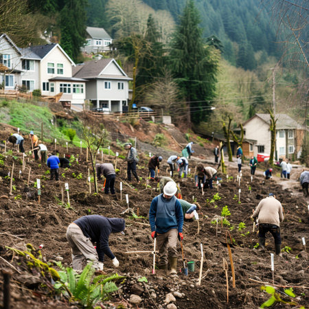 Group of people planting trees in the garden at the village in springtimeの素材