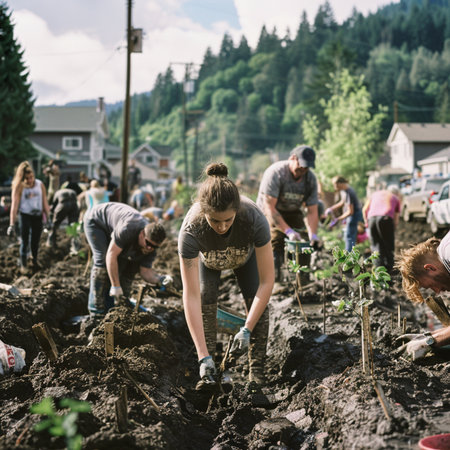 Unidentified people planting seedlings in the gardenの素材