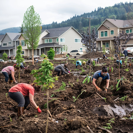 Group of volunteers planting trees in a small village in the mountains.の素材