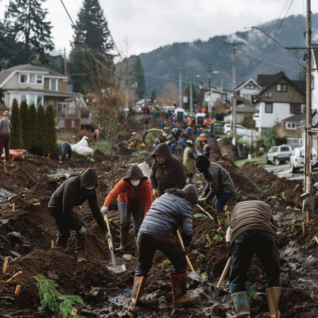 Gardeners working in the garden, planting trees and preparing for plantingの素材