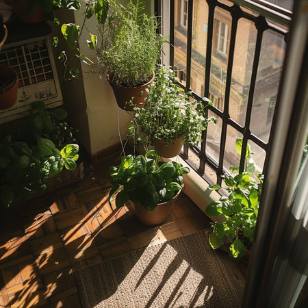 Flowers and plants in pots on the windowsill of a houseの素材