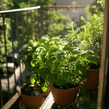 Basil plant growing in terracotta pots on the balcony.の素材