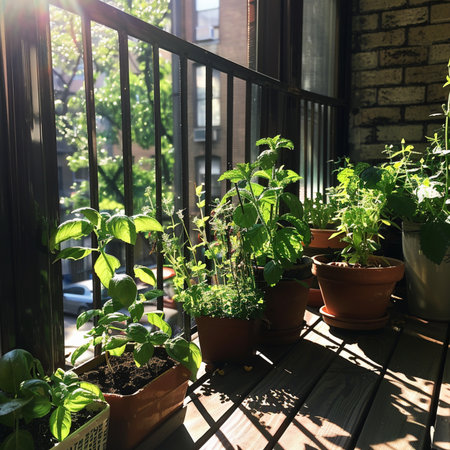 Herbs in pots on the windowsill in the morning sunlight.の素材