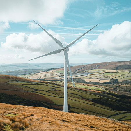 Wind turbine on a hillside in the countryside. 3d renderingの素材