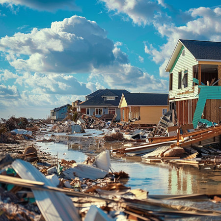 House destroyed by flood. Flooded house. Damaged house.の素材