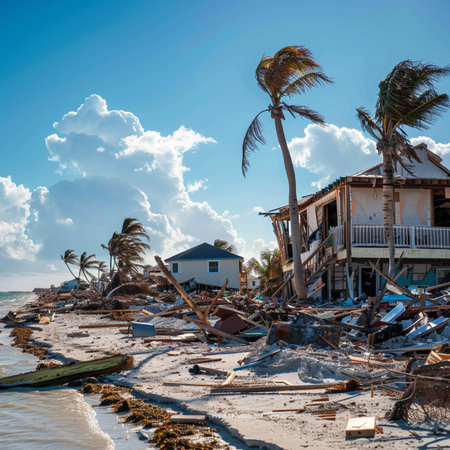 Tropical beach with destroyed houses and palm trees in Belizeの素材