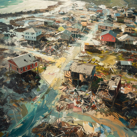 Aerial view of a destroyed house in the middle of the seaの素材