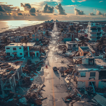 Aerial view of the ruins of a building on the beach.の素材