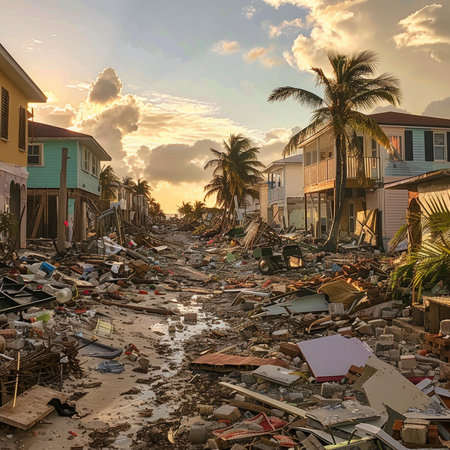 Abandoned buildings on the coast of the Caribbean Sea at sunsetの素材