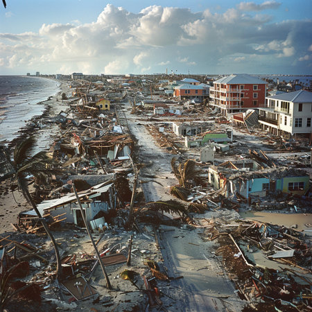 Aerial view of the ruins of a building on the beach.の素材