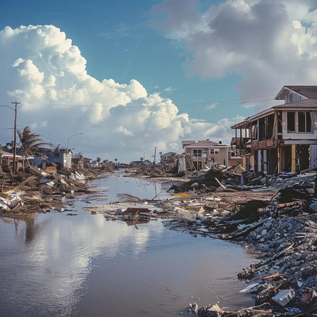 Abandoned house on the bank of the river under a blue skyの素材