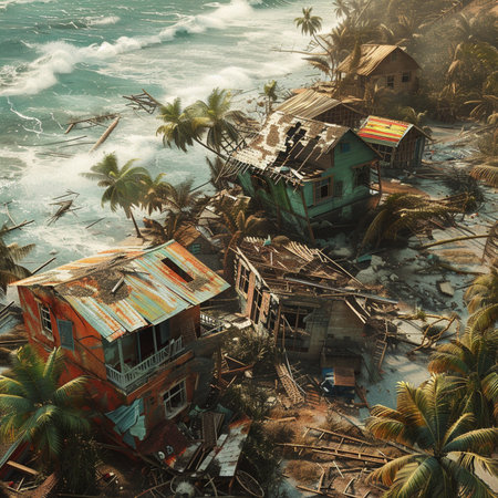 Abandoned houses on the shore of the ocean. 3d renderingの素材