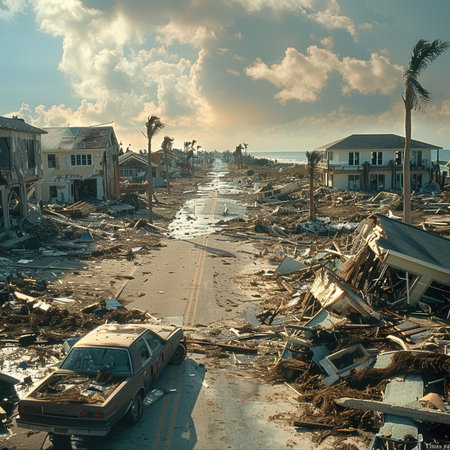 Aerial view of a destroyed building on the beach at sunset.の素材