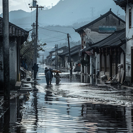 People walking on the street during the flood.の素材