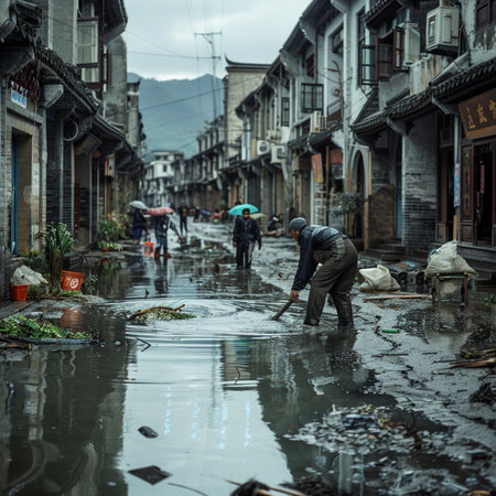 Vietnamese people cleaning the street in Hai Duong, Vietnam.の素材