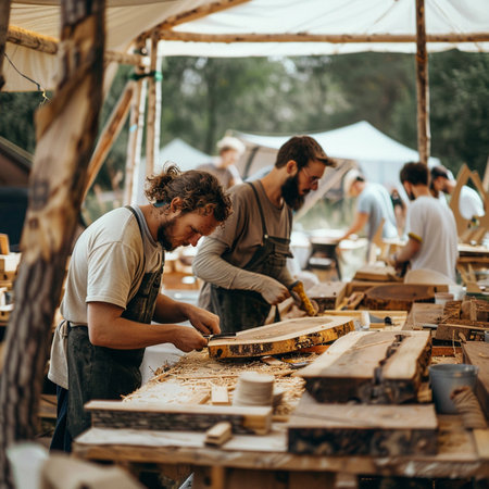 Carpenter working on a woodwork at a carpentry workshop.の素材