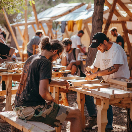 Group of people working in a small craft workshop.の素材