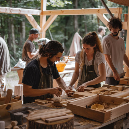 Group of people making wooden toys together in the forest. Selective focus.の素材