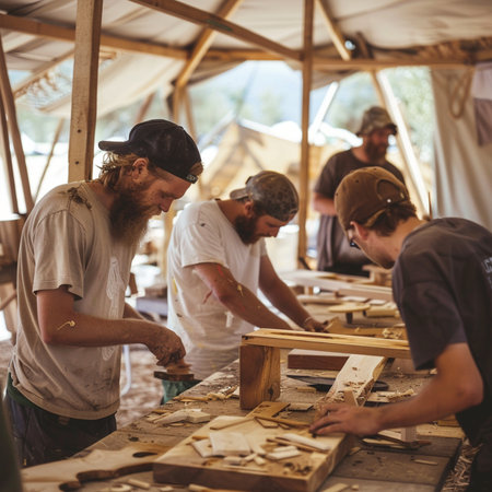 Group of people working in a carpentry workshop. Selective focus.の素材