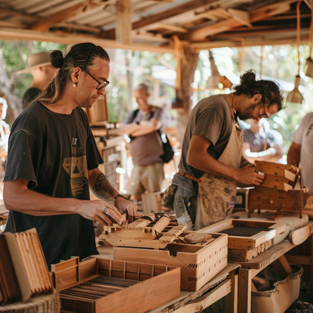 Carpenter working in his workshop. Selective focus on the details.の素材