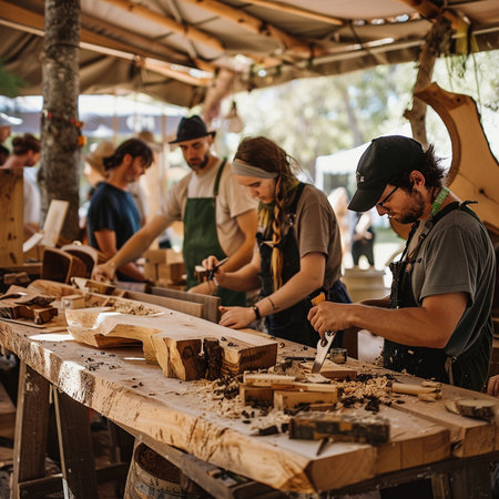 Carpenter working on wood craft at carpentry workshop. Craftsman at work.の素材