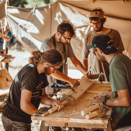Group of young caucasian men and women working with wood in workshop.の素材