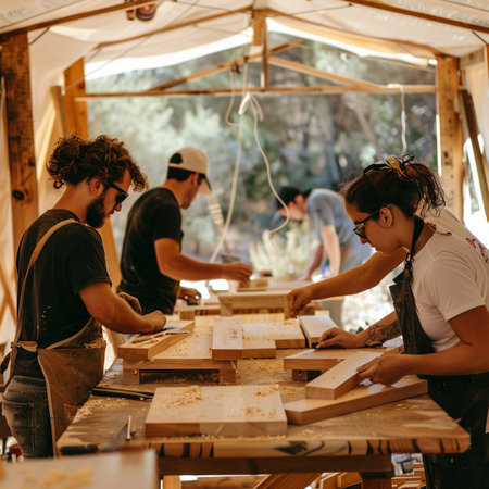 Carpenter working in his woodwork studio. Group of carpenters working together.の素材