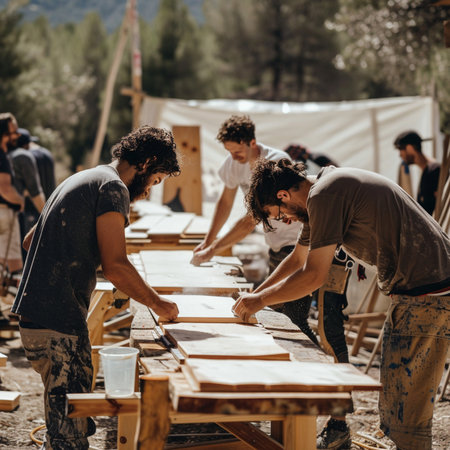Carpentry workshop. Group of people working in carpentry.の素材