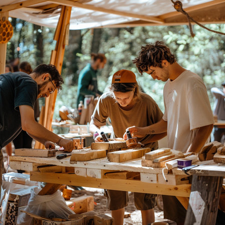 Carpenter working on wood craft at outdoor carpentry workshop.の素材