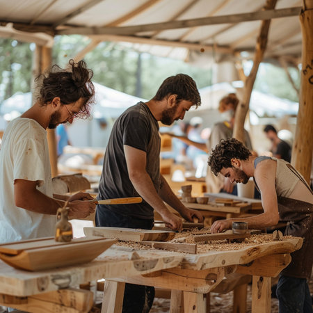 Craftsmen working on a wooden table in a woodworking workshopの素材