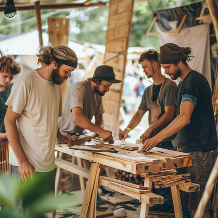 Carpenter working on wood in workshop. Group of young people at work.の素材